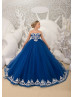 Silver Lace Royal Blue Tulle Sheer Back Foor Length Flower Girl Dress